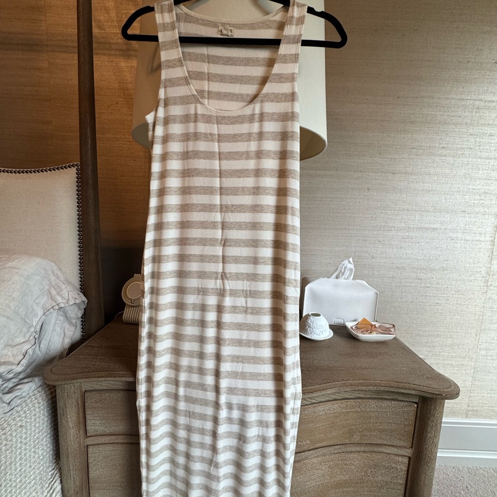 L'AGENCE Beige and White Striped Midi Dress
